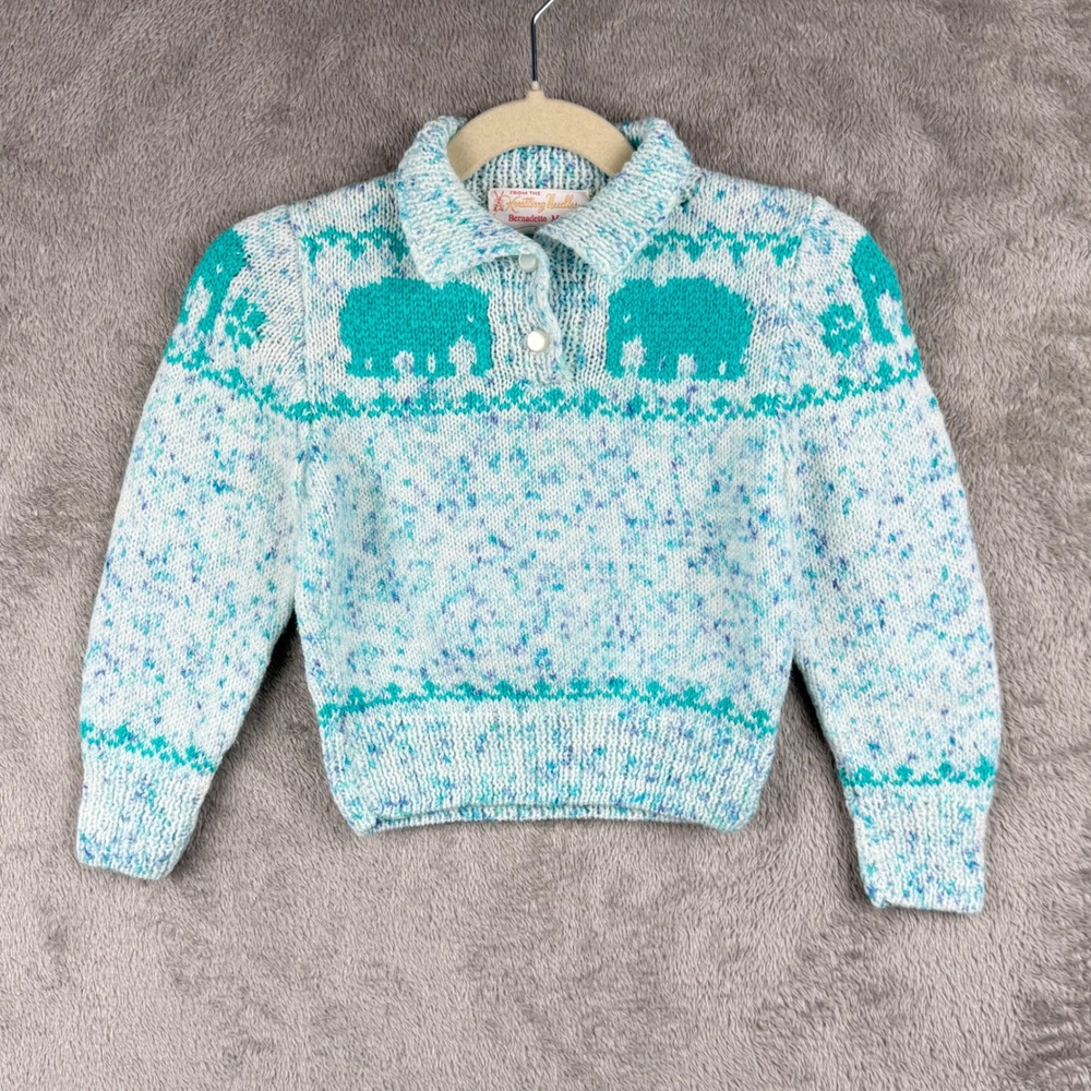 Handmade Knit Cardigan Sweater 12 Months  Turquoise Elephants‎ Collared Button